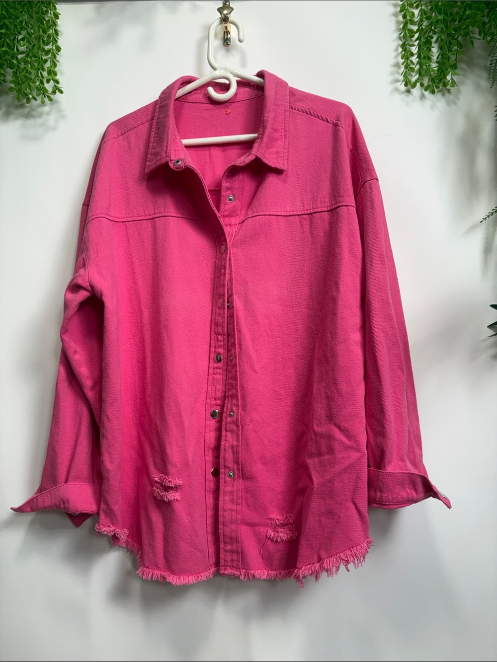 Source Unknown Hot Pink Distressed Jean Jacket